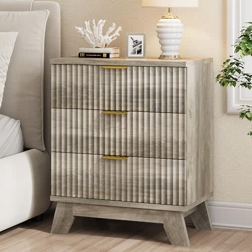 Xixini Fluted Nightstand, 24" Wide Side Table with 3 Large Storage Drawers, Mid Century Modern Wood Night Stand with Metal Handle, Wooden Bedside End Table for Bedroom, Grey