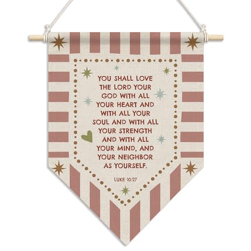 RUKUPA Christian Nursery Wall Art Decor, Bible Verse Hanging Pennant Flag, Religious Retro Pink Striped Wall Art Poster Hanger for Home Bedroom Kids Girl Nursery Room Decor, 11x15 Inch
