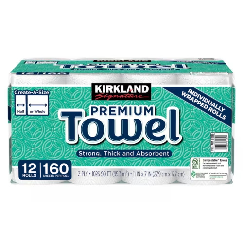 Kirkland Signature Paper Towels, 2-Ply, 160 Sheets, 12 Individually Wrapped Rolls | Costco