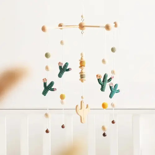 Baby Crib Mobile Cactus Nursery Mobiles Handmade Nordic Style Wooden Nursery Decoration Baby Photography Props Newborn Gift(Green Series)