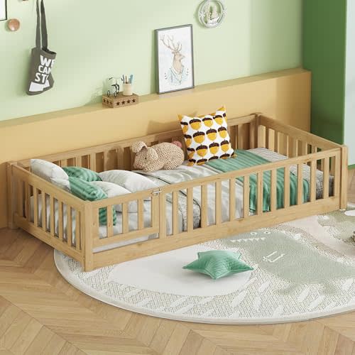 Bellemave Twin Size Floor Bed with Door and Fence,Montessori Floor Bed with Slats and Safety Guardrails,Solid Wood Twin Size Floor Bed Frame for Girls Boys,Kids Montessori Bed Twin Size,Natural