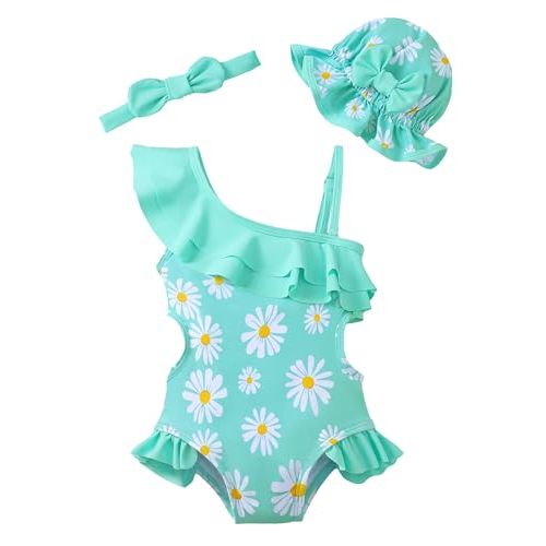 Renotemy Newborn Baby Girl Swimsuit Toddler Ruffle Shoulder One-Piece Girls Swimsuit Bikini Tankini Infant Swimwear with Hats