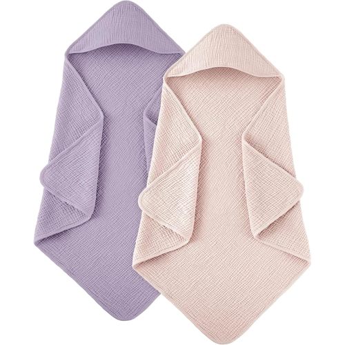 Susurration Hooded Baby Towels for Newborn 2 Pack 100% Muslin Cotton Towel for Babies，Highly Absorbent and Newborn Essential 30x30 Inch Pink&Purple
