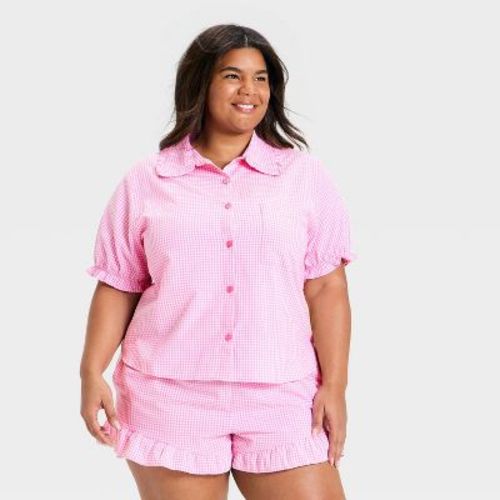 Women's Mommy & Me Ruffle Short Sleeve Notch Collar Shirt and Shorts Pajama Set - Auden™ Pink XXL