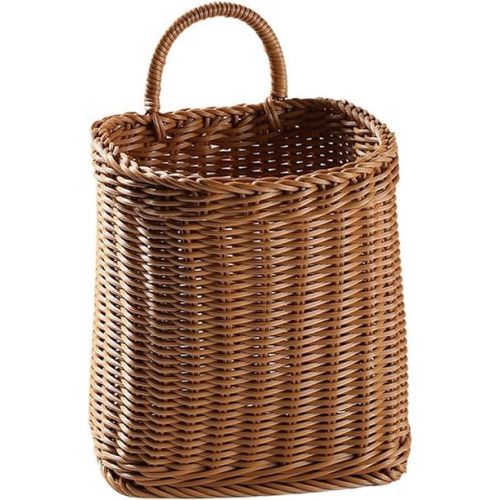 Woven Hanging Wicker Basket for Front Door, 6.3"D x 6.3"W x 10.5"H Handmade Rattan Hanging Wall Baskets for Garden Farmhouse Home (BROWN)