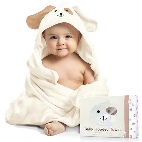 Baby Hooded Towel, Soft Viscose made of Bamboo, 35 x 35, Cream | Extra large, absorbent, extra soft puppy hooded bath towel for newborns, infants, toddlers, boys and girls, everyday comfort