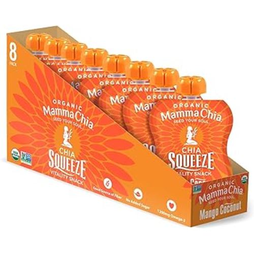 Mamma Chia Organic Vitality Squeeze Snack, Mango Coconut, 16- 3.5 Ounce Chia Vitality Snacks, USDA Organic, Non-GMO, Vegan, Gluten Free, and Kosher. Fruit and Vegetables with only 70 Calories