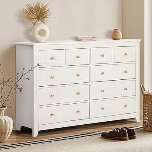 LEISU 10 Drawer Double Dresser with Metal Handles and Various Size Wide Deep Drawers, Smooth Metal Rail, Modern and Contemporary Wood Dresser Chest for Bedroom, Living Room, Closet (White)
