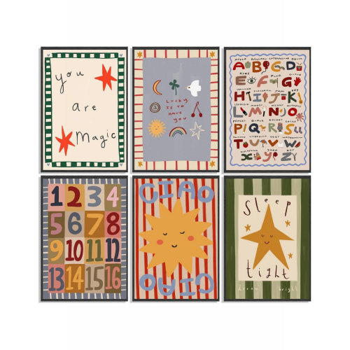 Trinx Cartoon Alphabet & Number Wall Art, 6 Pack Black Framed, 8 x 10 Inch, For Kids Room & Classroom | Wayfair