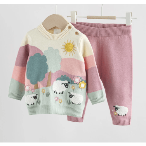 Pink Sheep Scene Baby Knitted Jumper and Leggings Set 2 Piece