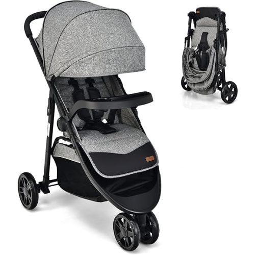 BABY JOY Jogging Stroller, Jogger Travel System with 5-Point Safety Harness, Adjustable Canopy/Backrest/Footrest, Storage Basket & Pocket, Lightweight Baby Stroller for Newborn Toddlers (Gray)
