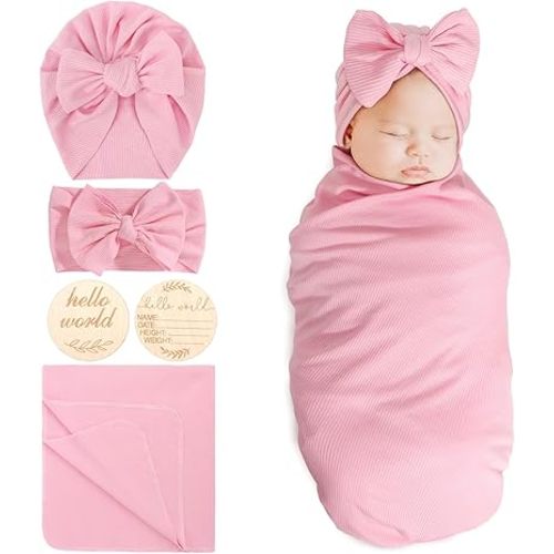 DRESHOW BQUBO Baby Girl Newborn Receiving Blankets with Bow Hat Headband Wooden Birth Announcement Card Set Newborn Baby Swaddle Wrap Set Warm Shower Gift