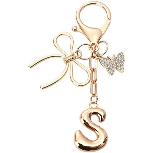 Sylixonae Bubble Initial Keychain with Bow & Butterfly - Gold Letter Bag Charms for Women, Cute Purse Handbag Accessories