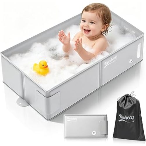 Collapsible Baby Bathtub, Travel Bathtub for Toddler, Portable Foldable Tub for Kids, with Drain Plug, Non-Slip Base, No Assembly Required, Fits Ages 6M+(Waterproof Storage Bag Included)