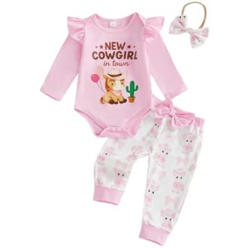 Conjunto de 3 piezas de traje de bebé occidental para niña, con volantes, manga larga, lazo y estampado de vaca, conjunto de diadema