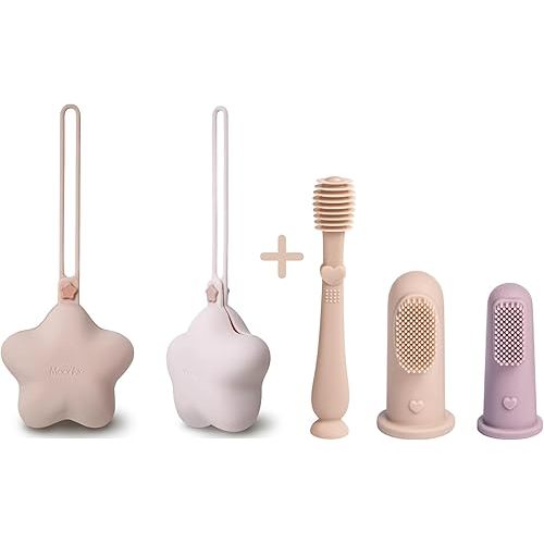 Moonkie Pacifier Holder Case 2 Pack & Baby Oral Cleaner Kits | Portable Pacifier Storage & Finger Toothbrush for Infants