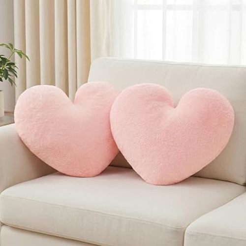 16 Inch Pink Heart Throw Pillows, 2 Pack Cute Fluffy Soft Aesthetic Decorative Heart Pillows for Women, Room Decor for Bed Couch Bedroom Living Room, Ideal Valentines Gift (Light Pink, 16"x13.78")