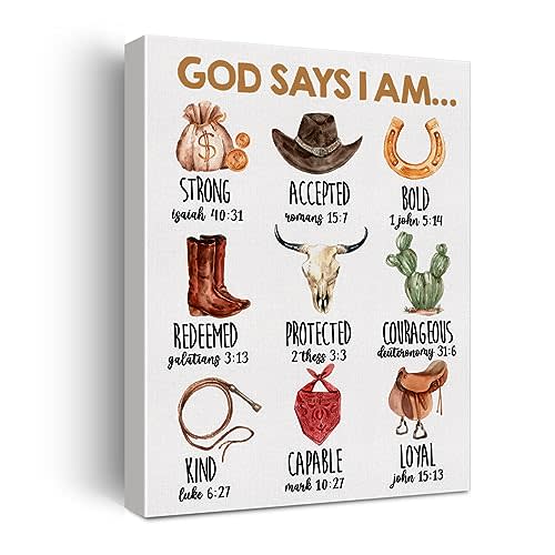 Inspirational God Says I Am Cowboy Western Poster Canvas Wall Art for Home Decor Christian Bible Verses Wild West Canvas Print Painting Ready to Hang Gifts - Easel & Hanging Hook 12x15 Inch