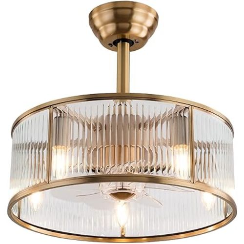Gold Caged Ceiling Fans with Light, 18" Bladeless Ceiling Fan with Remote Control, Clear Tempered Glass Enclosed Ceiling Fan for Bedroom Kitchen Living Room