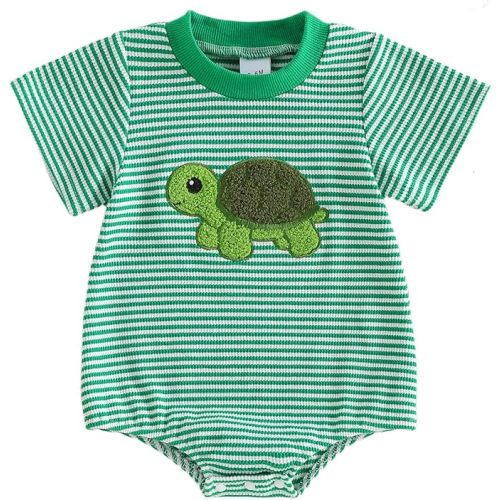 Newborn Boy Turtle Romper Short Sleeve Waffle Striped Shark Bodysuit Summer Clothes Infant Baby Sea Animal Outfit