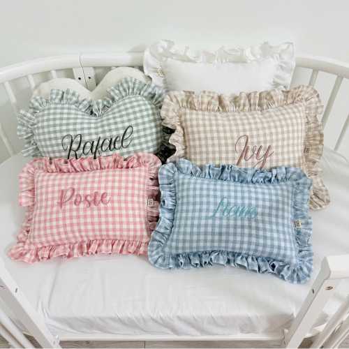 Embroidered Baby Name Pillow | Handmade Ruffle Linen Nursery Decor