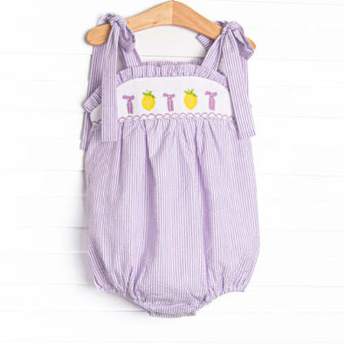 Tied With a Twist Smocked Bubble, Purple Seersucker – Stitchy Fish
