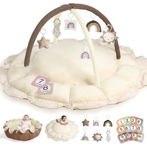 HAM-MM 5-in-1 Convertible Baby Play Gym with 6 Toys, Tummy Time Mat for Sensory Development, Baby Activity Center for Newborn & Toddler, Ball Pit, Soft Pet Mat, No Ball Included Brown
