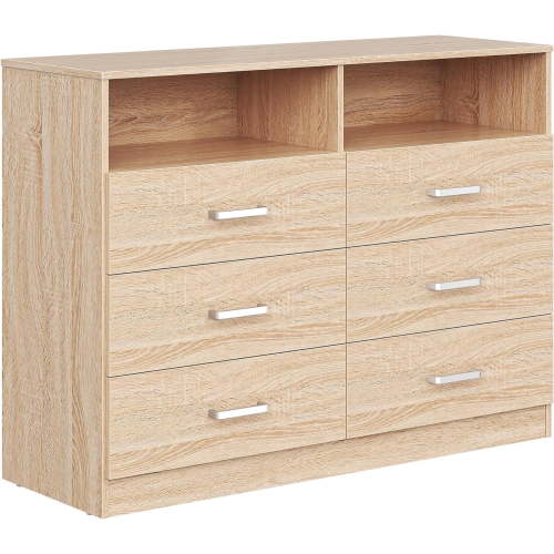 Meteorleg 6 Drawer Dresser with Open Storage,Natural Wood Dresser,Modern Double Dresser for Bedroom,Living Room,Entryway,Light Oak