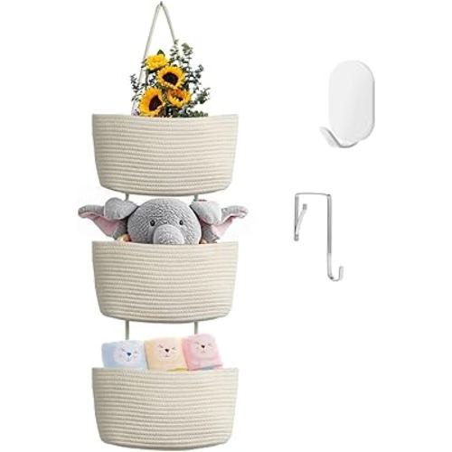 Hanging Baskets for Organizing,Over the Door Organizers and Storage,3-Tier Woven Cotton Wall-Mounted Storage Organizer Bag Decorative,Kitchen,Living Room,Bathroom,Bedroom,White