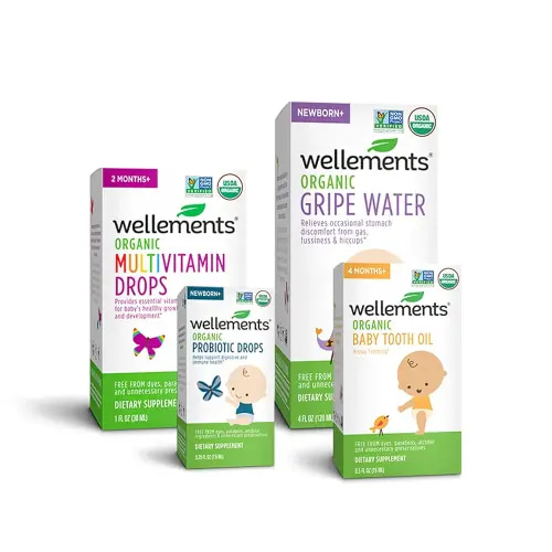 Wellements Organic Newborn Essentials Bundle | Organic Gripe Water 4 fl Ounce, Organic Multivitamin Drops 1 fl oz, Organic Baby Tooth Oil 0.5 fl oz, Organic Probiotic Drops 0.25 fl oz