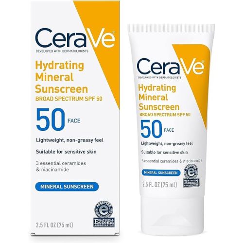 CeraVe 100% Mineral Sunscreen SPF 50, Face sunscreen With Zinc Oxide & Titanium Dioxide, Hyaluronic Acid + Niacinamide + Ceramides, Oil Free, Travel Size 2.5 oz