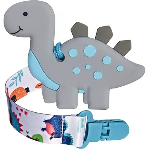 1 Soft Dinosaur Teether for Babies and 1 Baby Pacifier Clip, Valentines Day Gifts for Baby Girl Boy,Silicone Chew Toys (Grey Dinosaur)