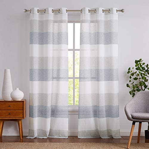 Central Park Gray and Smoke Blue Stripe Sheer Color Block Window Curtain Panel Linen Window Treatment for Bedroom Living Room Farmhouse 84 inches Long with Grommets, 2 Panel Rustic Drapes