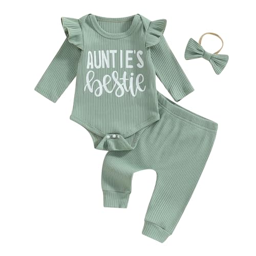 NZNDSHD Auntie Baby Clothes Girl Fall Winter Ribbed Knit Outfit Long Sleeve Romper Bodysuit Elastic Pants Headband Set