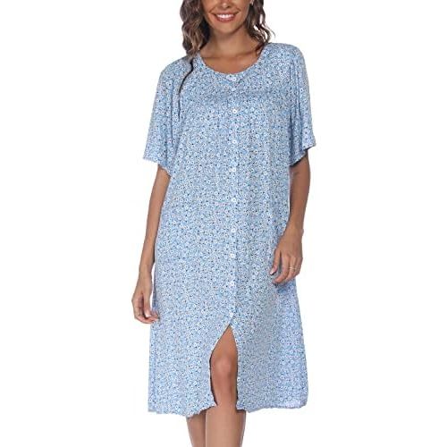 COSUNIONY House Dresses for Women Cotton Short Sleeve House Coat Buttons Down Dusters Robe with Pockets S-XXL