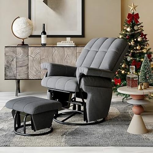 AODAILIHB 360° Swivel Glider Recliner with Ottoman, Nursing Glider Rocking Chair with Foot Rest & 2 Side Pockets for Nursery, Living Room, Bedroom, Office, Grey