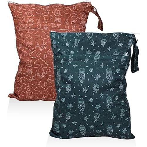 Mama Koala Waterproof Wet Dry Bags for Baby Items, Cloth Diapers, Swimsuits, Travel, Gym Clothes, Beach, Pump Parts, Toiletries, Two Zippered Pockets, 2 Pack (W020)