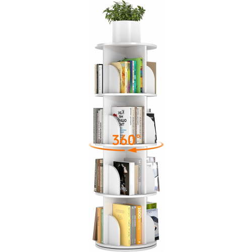 Rotating Bookshelf 4 Tier, 360 Degree Spinning Corner Bookcase with Lazy Susan, White Space Saving Tower Organizer for Small Spaces, Bedroom, Living Room, Adults & Kids