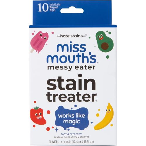 Miss Mouth's Messy Eater Stain Treater Wipes - 10 Pack Stain Remover Wipes- Newborn & Baby Essentials - No Dry Cleaning Food, Grease, Coffee Off Laundry, Fabric