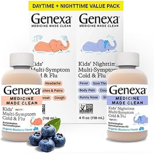 Genexa Kids' Clean Cold & Flu Relief Day/Night Multi-Symptom, Dye Free, 0% Artificial Additives, Children's Liquid Pain, Fever & Cough Medicine, Ages 4-11, Organic Blueberry Flavor, 8 fl oz (2 Pack)