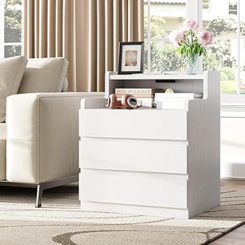 Rresyet Night Stand, White Nightstand with Drawers 26.8" Modern End Table with Charging Station for Bedroom, Storage Upgrade & No-Handle Design
