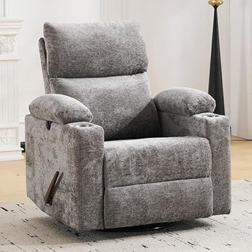 Swivel Rocker Recliner with Adjustable Armrests, Rocking Nursery Chair with Adjustable Headrest, Cup Holder, Manual Recliner Nursing Chair for Breastfeeding, Chenille Dark Grey