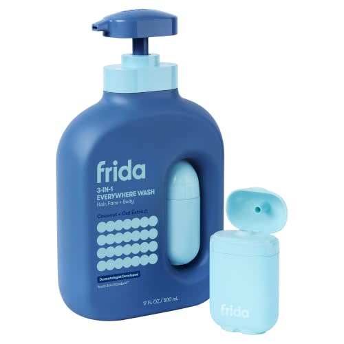 Frida for Kids 3-in-1 Hair Face & Body Wash for Kids, 17 oz | Hypoallergenic 3-in-1 wash with aloe and oat gently cleans hair, face and body without over-drying skin or hair.