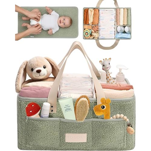 Baby Diaper Caddy Organizer with Portable Changing Mat - Teddy Fleece Diaper Organizer for Changing Table - Basket for Changing Essentials - Baby Essentials Organizer with Removable Dividers