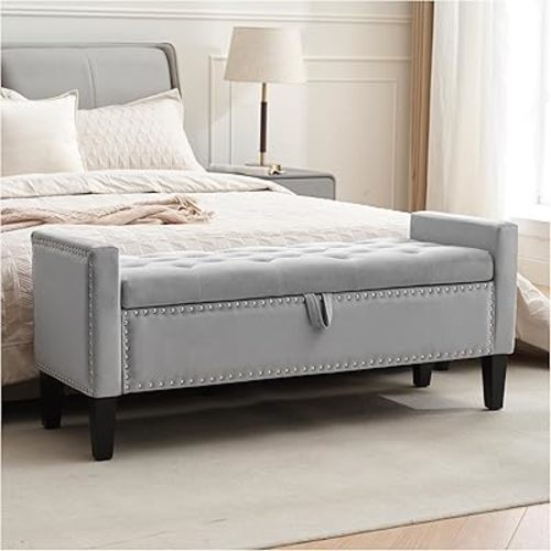Storage Ottoman Bench, Velvet Upholstered Footstool for Bedroom and Living Room, Tufted Seat with Storage, Wooden Legs & Metal Rivets, Grey