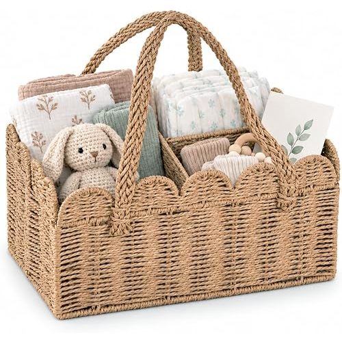 Large Wicker Diaper Caddy Organizer, Scalloped Nursery Basket for Changing Table, Woven Rope Baby Holder with Removable Divider, Portable Organizer for Diapers Wipes Clothes Toys & Essentials (Brown)