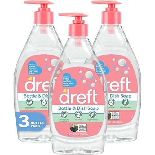 DREFT Bottle and Dish Soap | Made to Clean Baby Bottles, Sippy Cups, Pacifiers, Breast Pumps, & More | Gently Removes Milk Film & Odors | Plant Based, Fragrance Free Dish Soap | 18 Fl Oz (Pack of 3)
