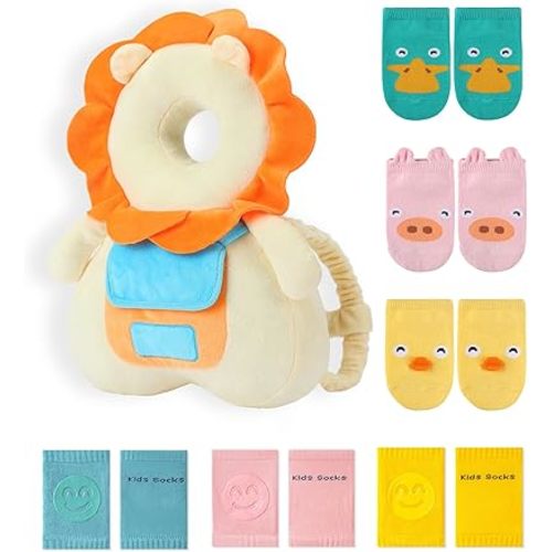 JunNeng Baby Head Protector Backpack with Squeaker, Knee Pads, Anti-Slip Socks, Yellow Lion Sets