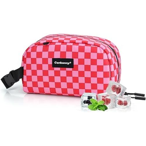 Cerbonny Small Cooler Bag Freezable Lunch Bag for Work School Travel, Leak-proof, Insulated, Waterproof, Portable, Pink Checkerboard