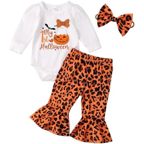 My First Halloween Baby Girl Outfit Newborn Pumpkin Romper Bell Bottom Pants Headband Outfits Set